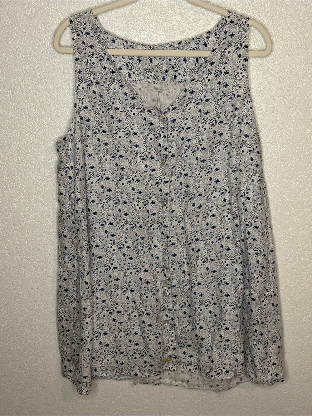 Cynthia Rowley White Blue Floral Linen Tunic Button Down Tank Size 2XL